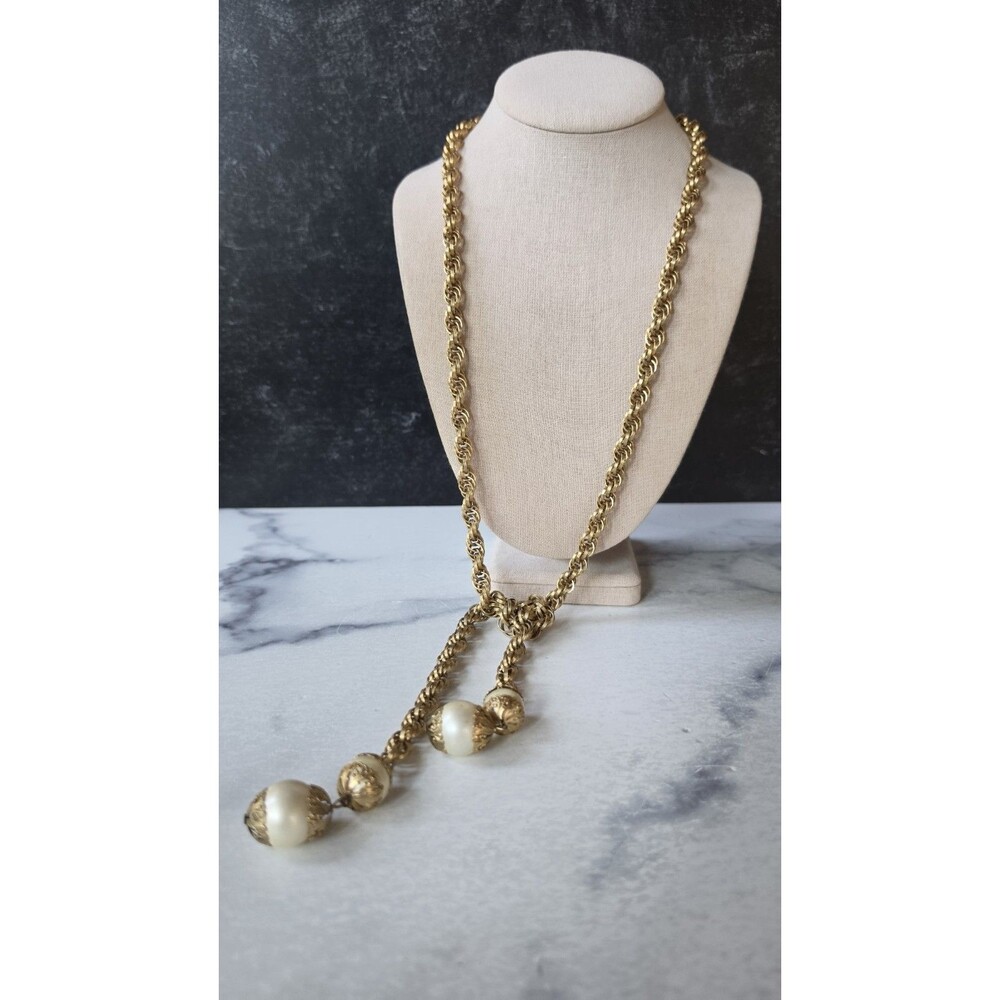 Gold Tone Metal & Faux Pearl Lariat Necklace Vintage Costume Jewelry READ